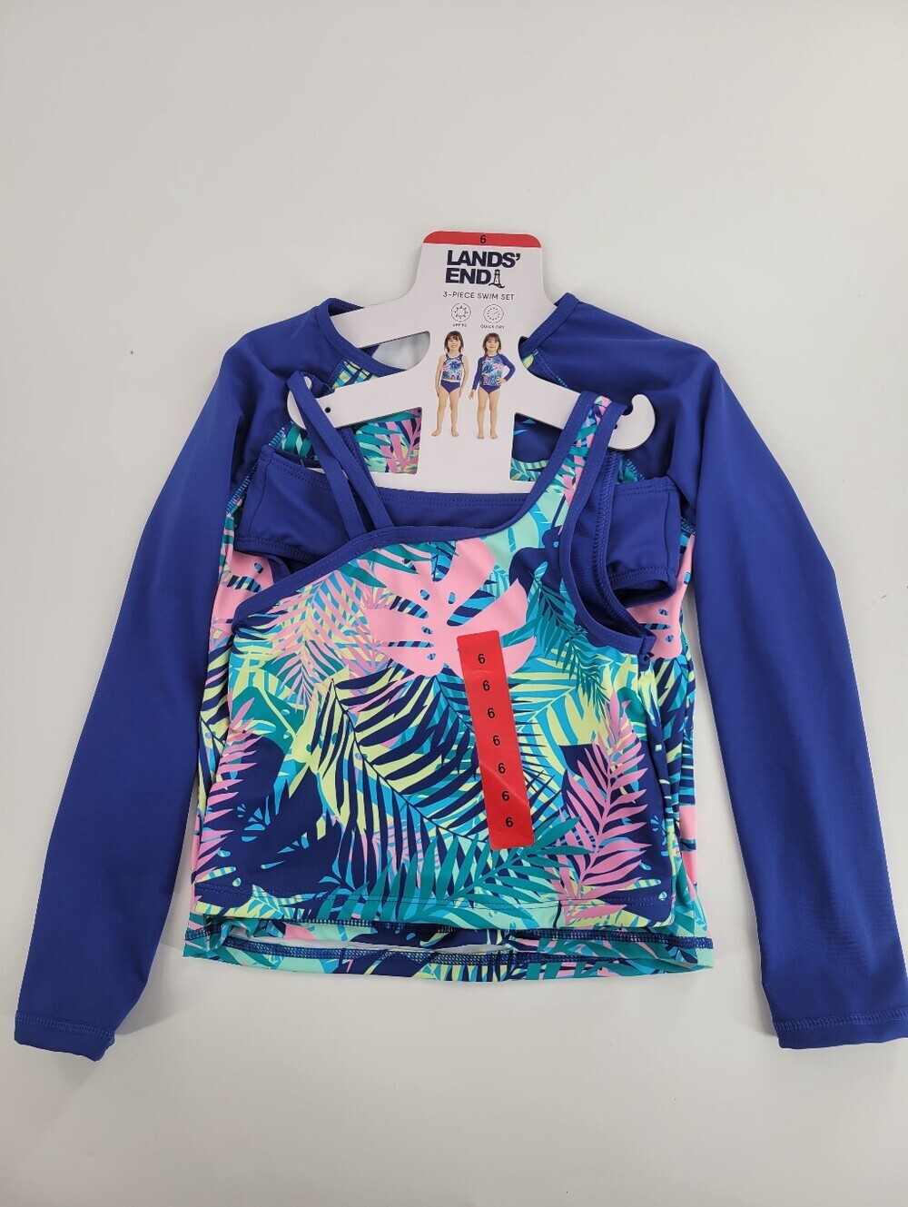 Lands' End Girls' 3pc Blue Tropical Print Rash Guard Set New
